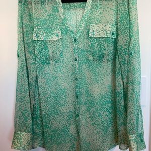 Sheer chiffon green and beige print blouse